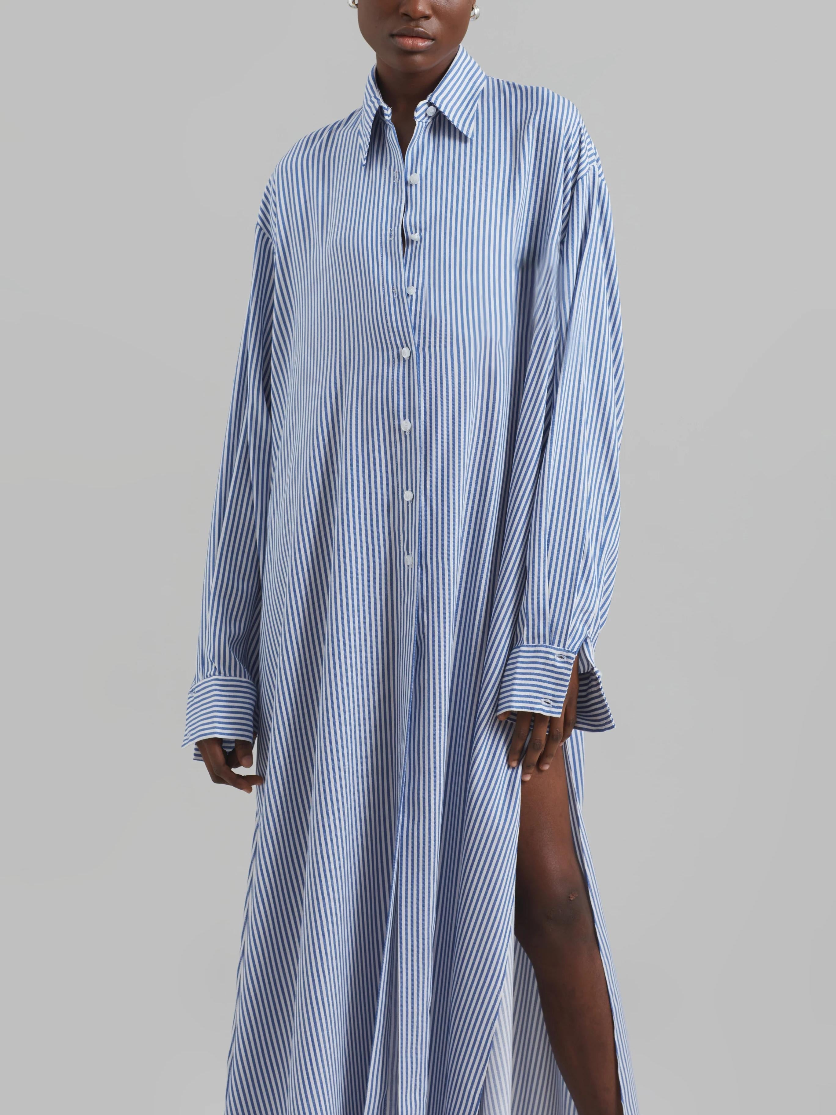 Avery Fluid Shirt Dress - White/Blue Stripe Newgew Dresses