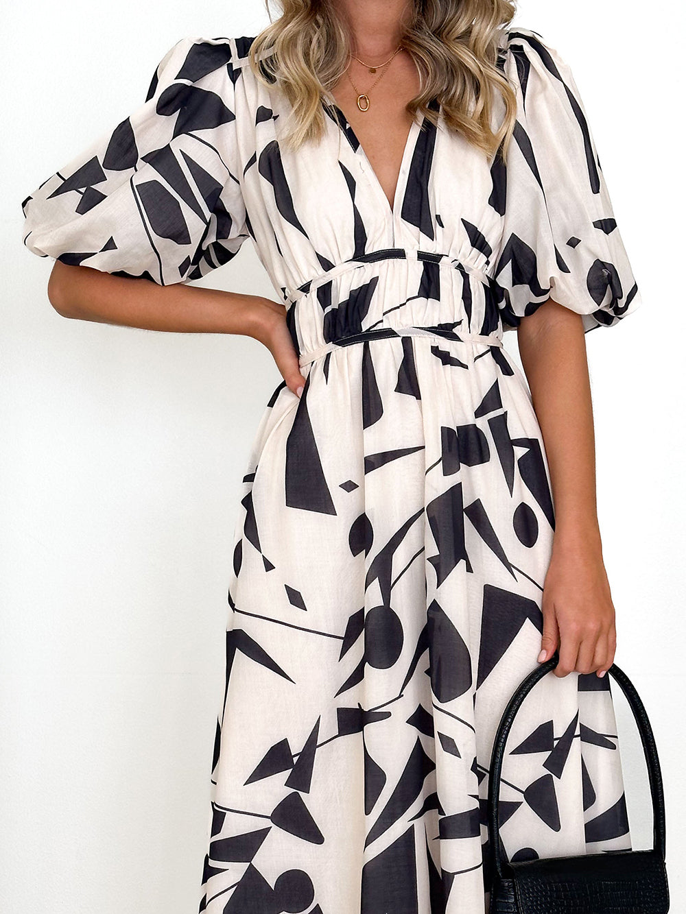 Sakura Midi Dress - Beige Geo Newgew Dresses