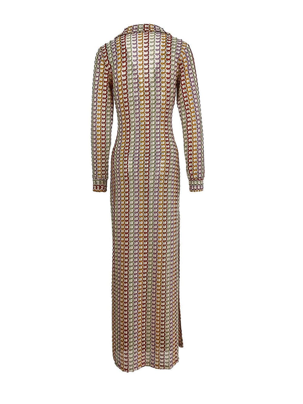 Boho Collared V Neck Split Wavy Striped Crochet Beach Vacation Maxi Dress - Brown Newgew Dresses