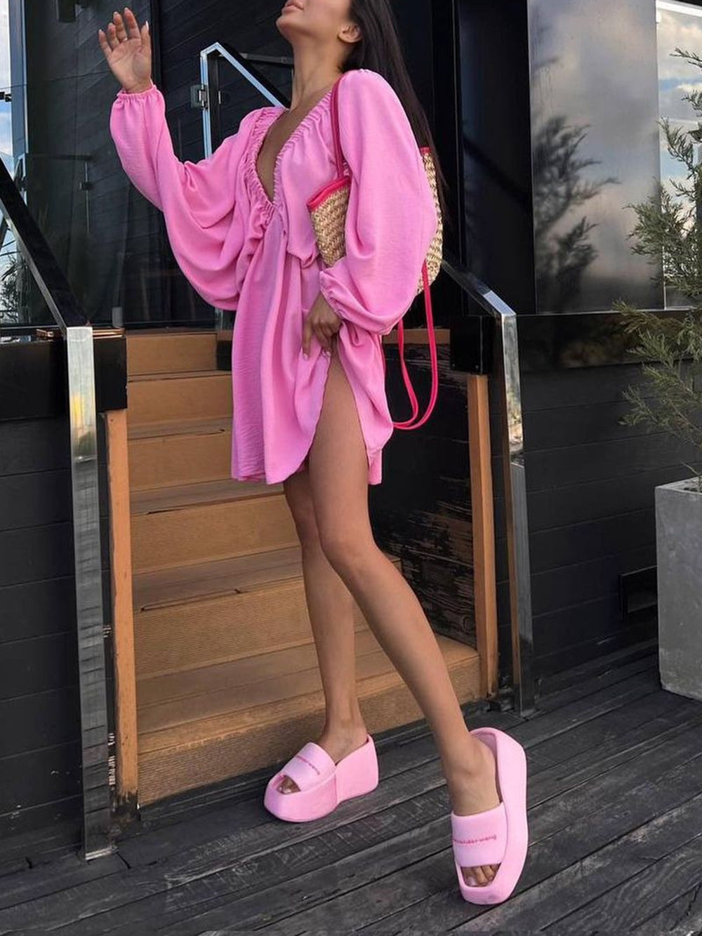 Woven Plunge Skater Mini Dress Newgew Dresses