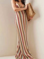 Halter V Neck Backless Boho Pattern Knit Slim-Fit Vacation Maxi Dresses-Beige Newgew Dresses