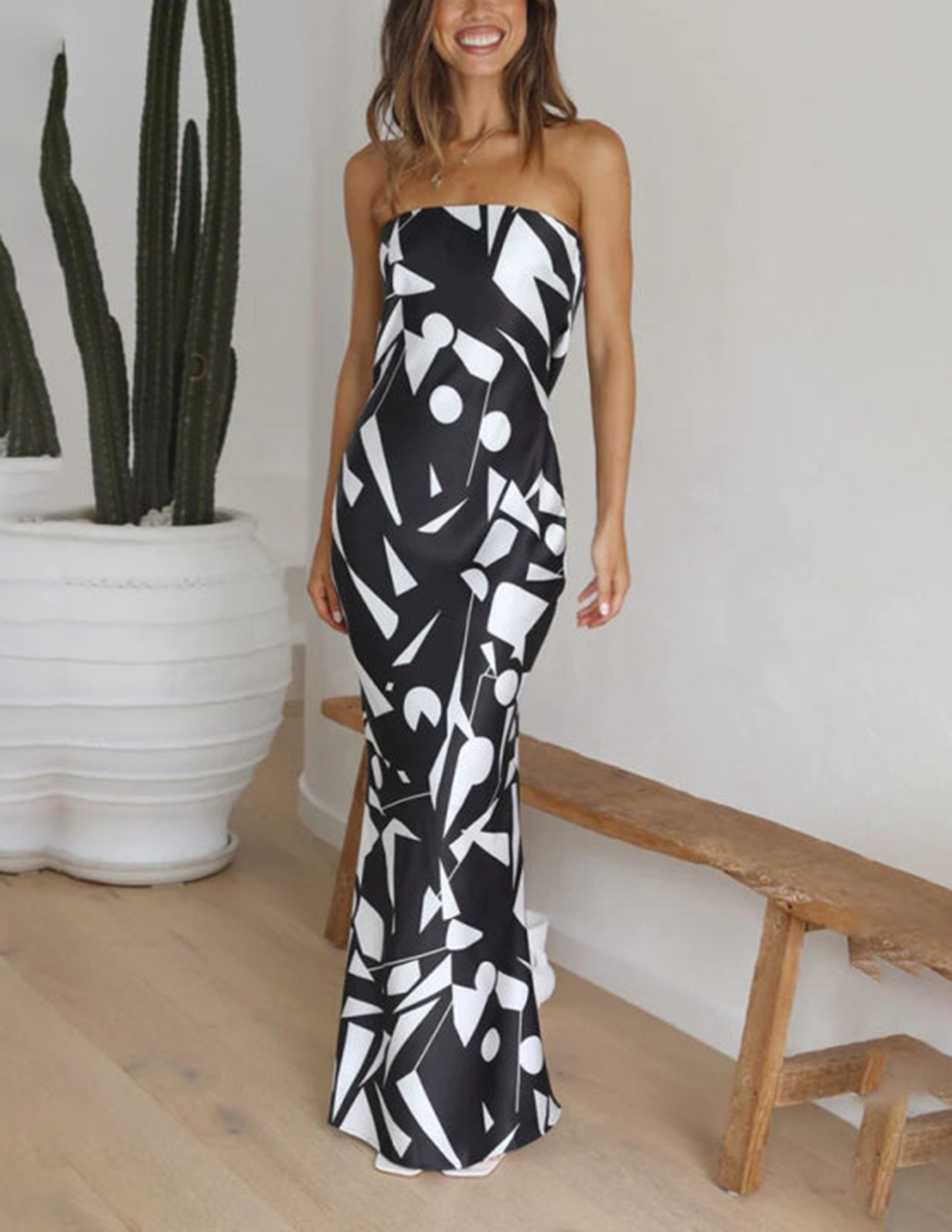 Satin Geometric Print Off Shoulder Maxi Dress Newgew Dresses