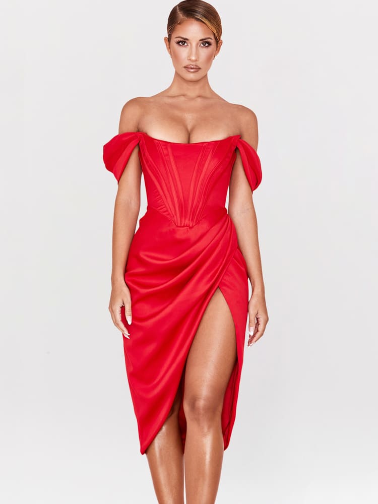 Cap Shoulder Corset Bodycon Midi Dress - Red Newgew Dresses