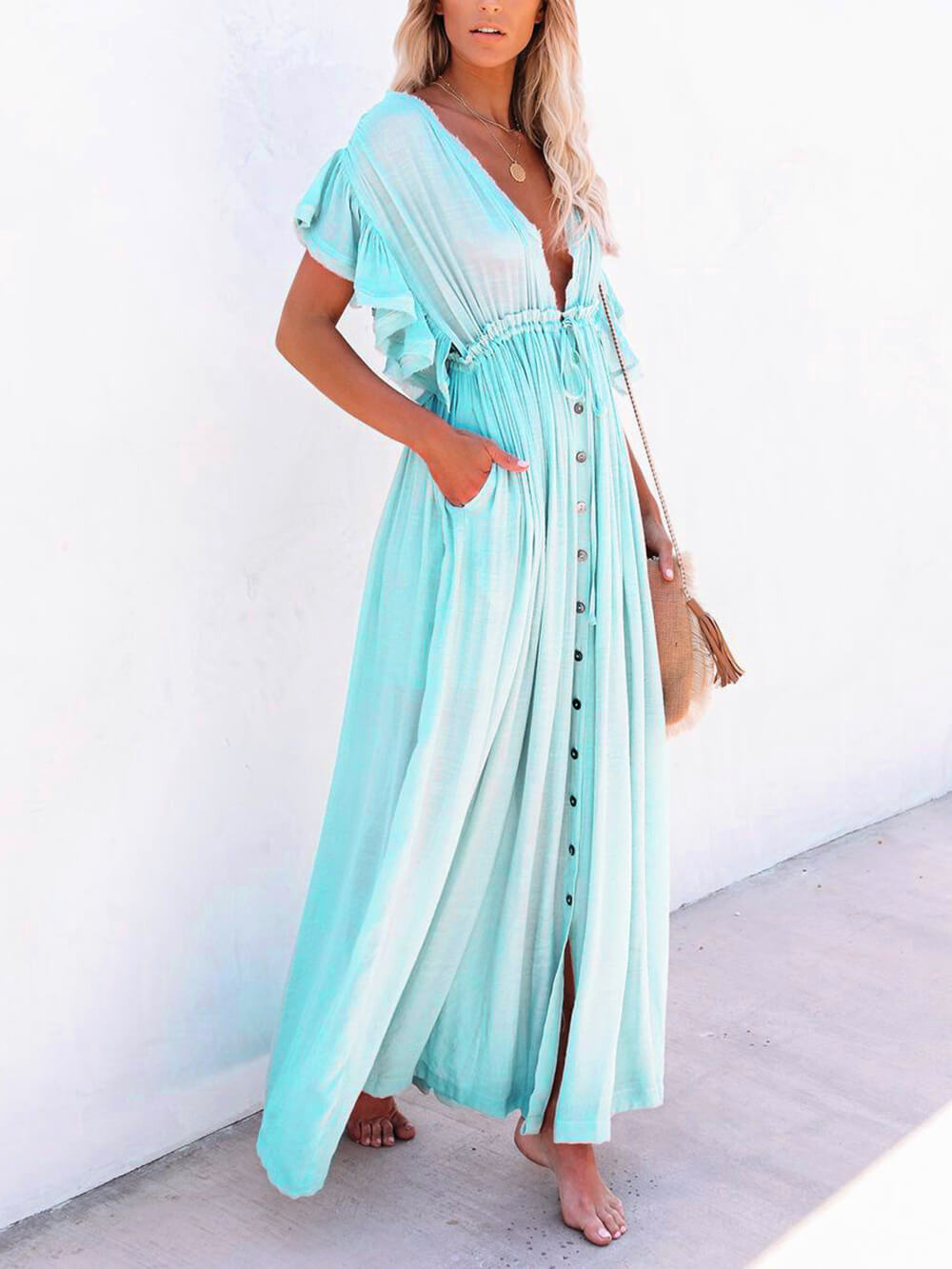 Button Cotton Linen Perfect Beach Boho Maxi Dress Newgew Dresses
