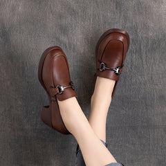 Women Retro Handmade Round Head Leather Loafers Newgew Shoes