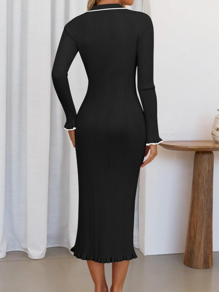 Collared Long Sleeve Knit Dress Newgew Dresses