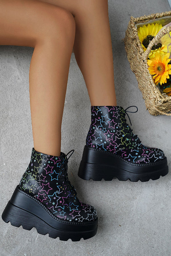 Casual Thick Sole Five-pointed Star Printed Short Boots NewGew