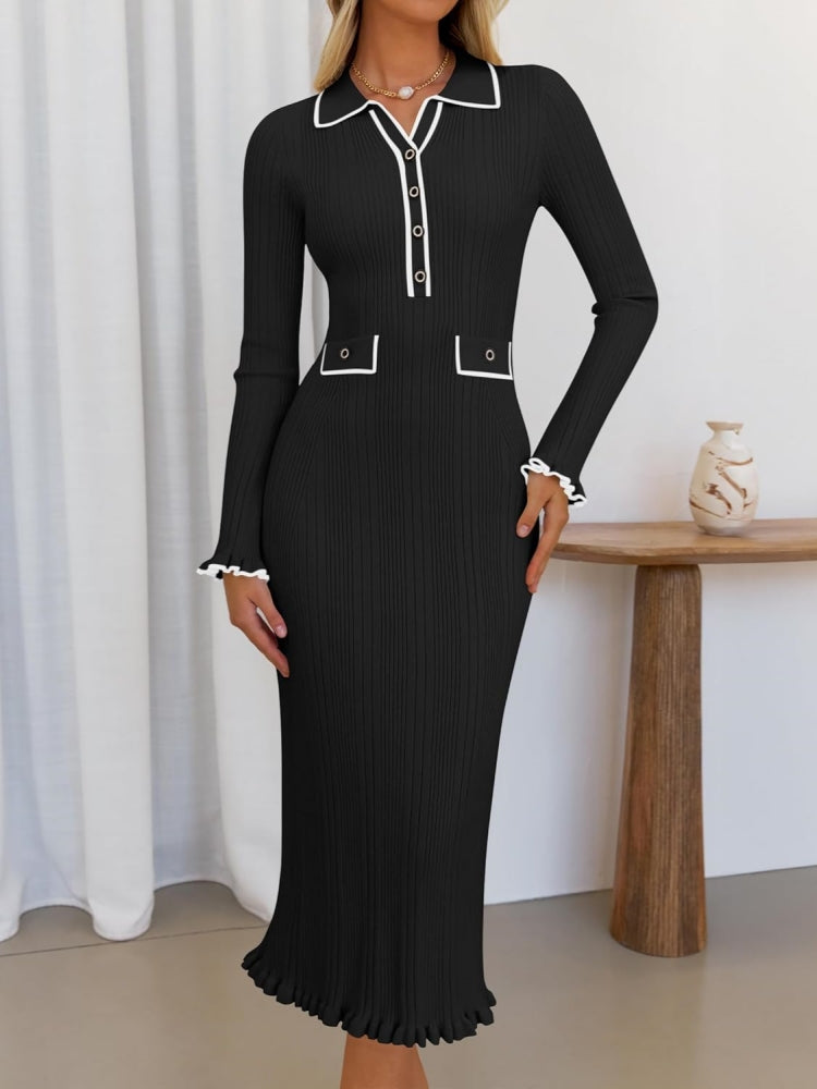 Collared Long Sleeve Knit Dress Newgew Dresses