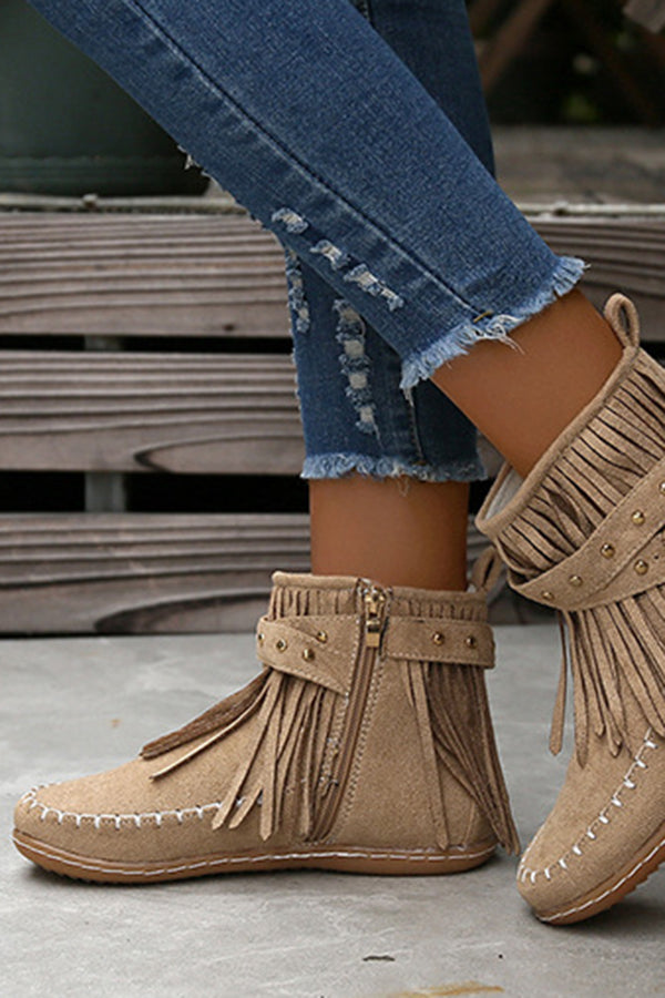 Casual Warm Solid Color Side Zipper Low-Cut Tassel Flat Ankle Boots NewGew