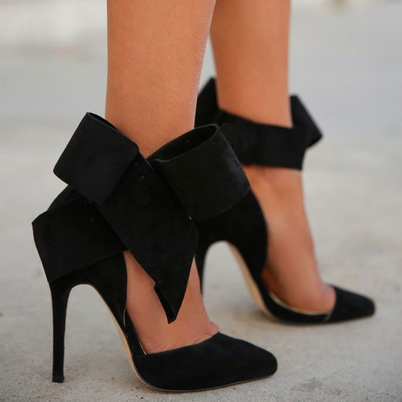 Vintage Pointed Toe Ankle Strap Suede Stiletto Butterfly Heels - Black NewGew