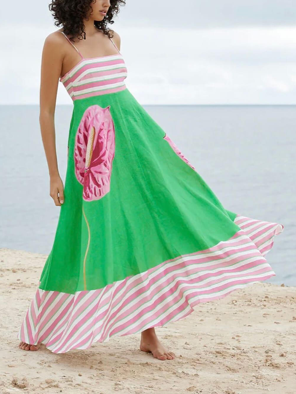 Floral Print Paneled Striped Suspender Mixi Dress Newgew Dresses