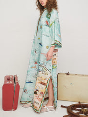 Modern Satin Art Island Print Slit Maxi Dress Newgew Dresses