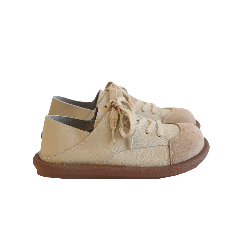 Women Retro Round Head Cowhide Soft Flat Casual Shoes Newgew Shoes