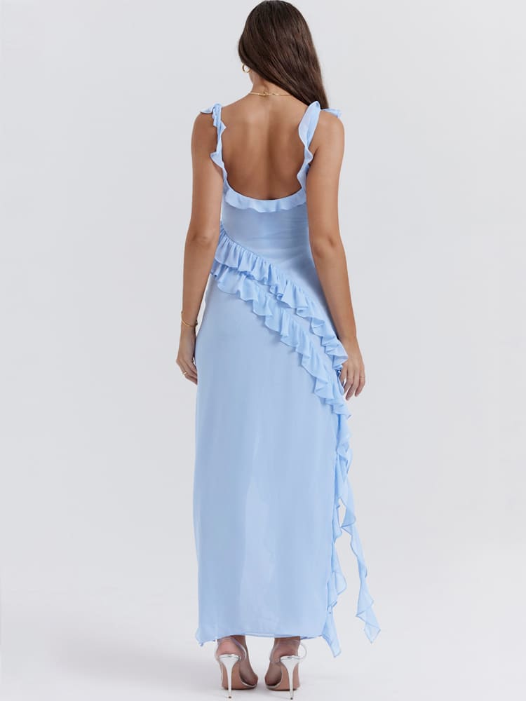 Ruffled Long Suspender Dress - Blue Newgew Dresses