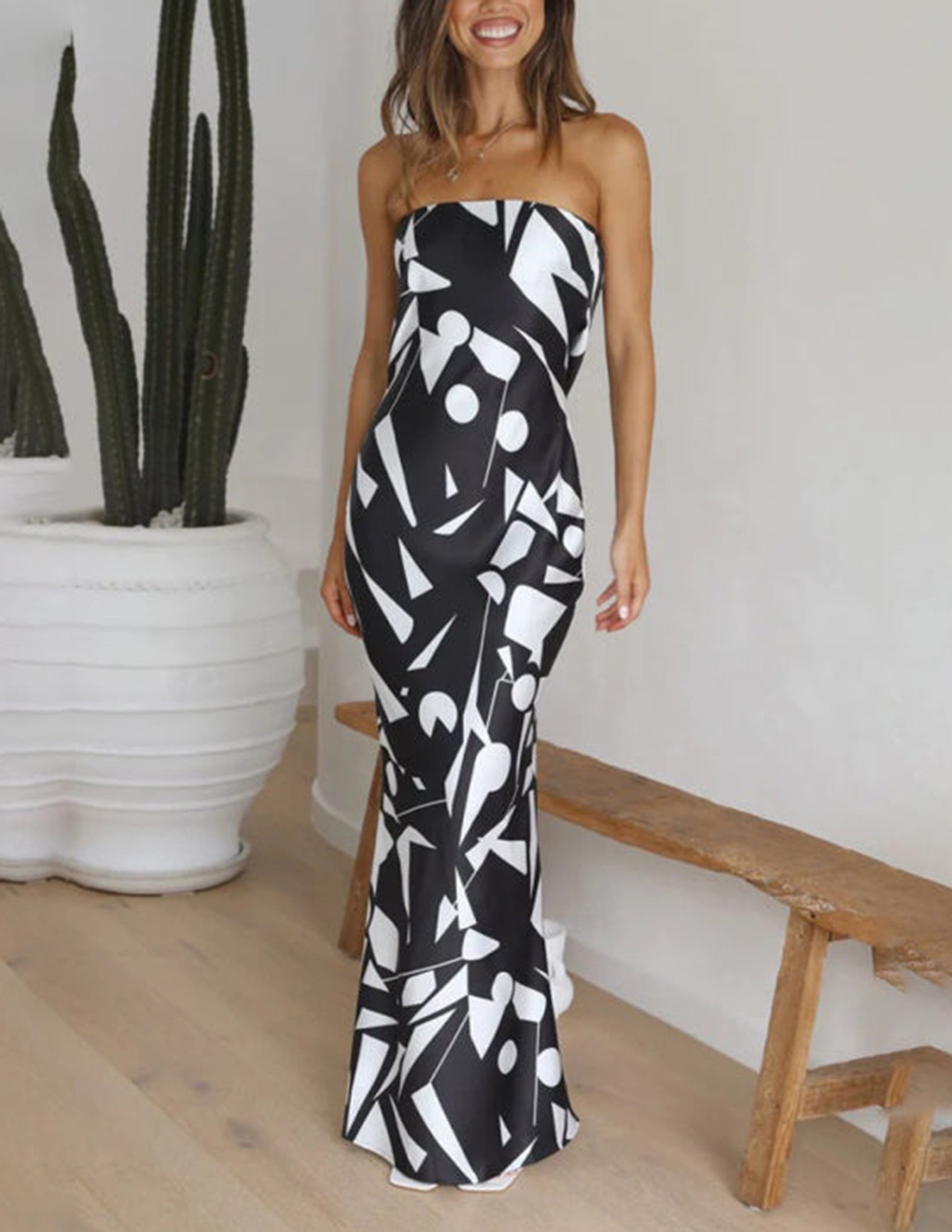 Satin Geometric Print Off Shoulder Maxi Dress Newgew Dresses