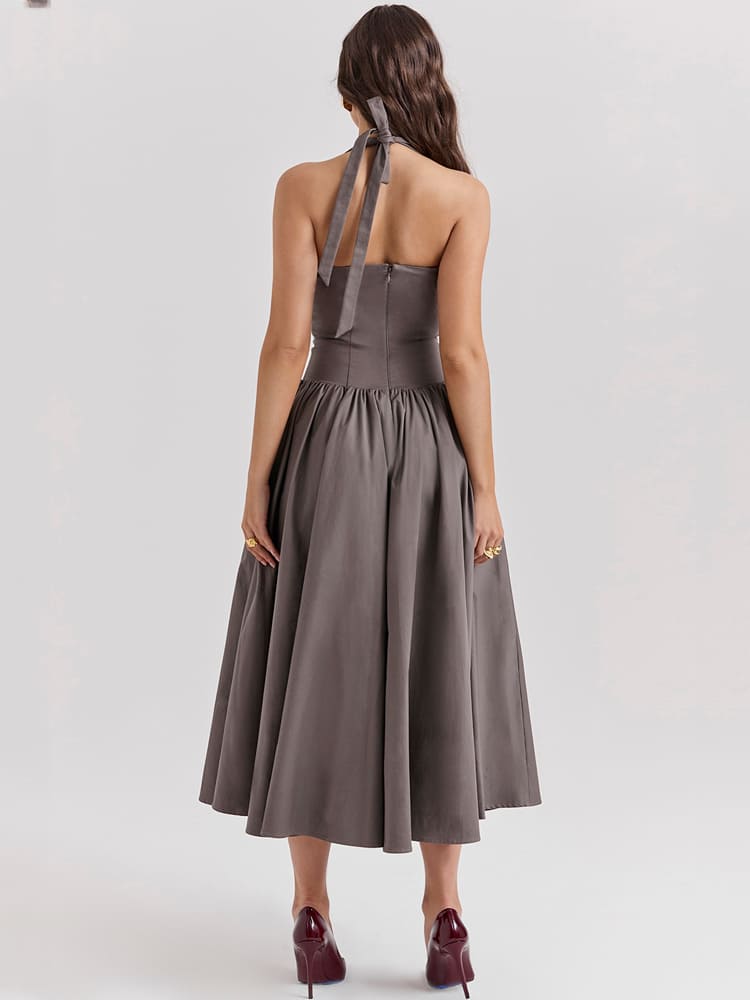 Halter Neck Midi Dress with Side Slit - Smoky Gray Newgew Dresses