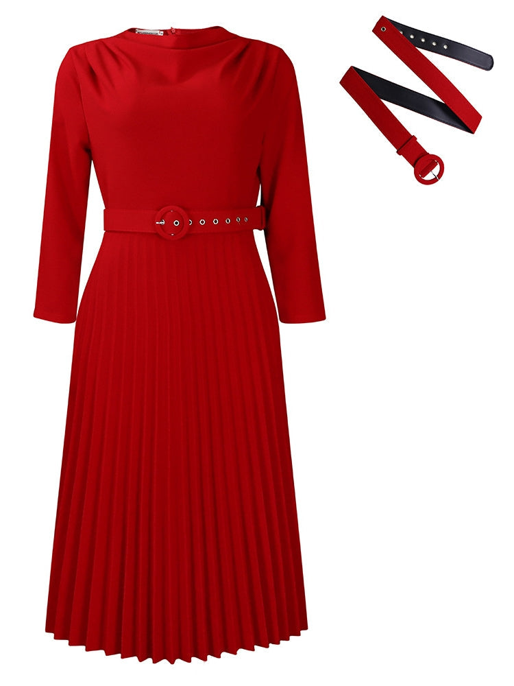 Elegant Solid Color Pleated Dress with Belt Newgew Dresses