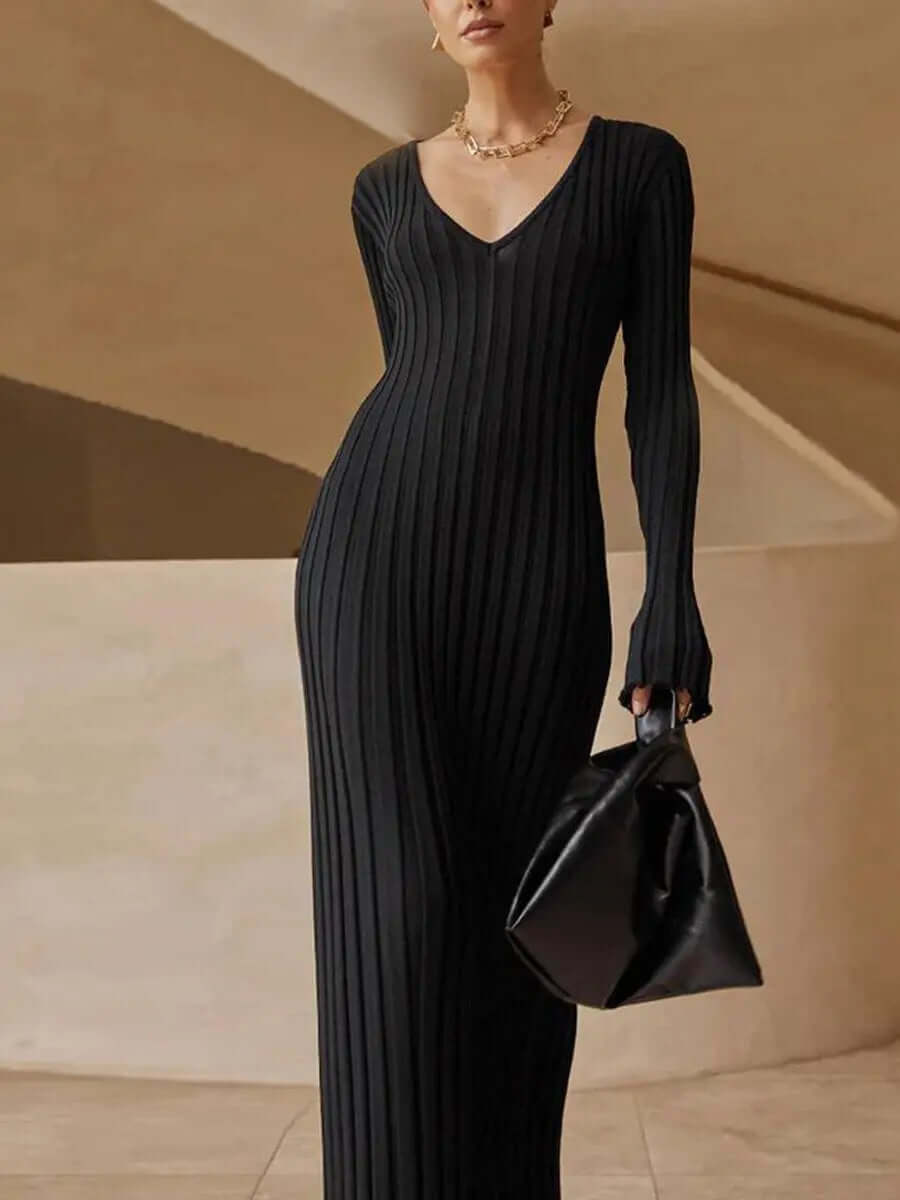 V Neck Flounce Sleeve Pit Strip Knitting Maxi Dress Newgew Dresses