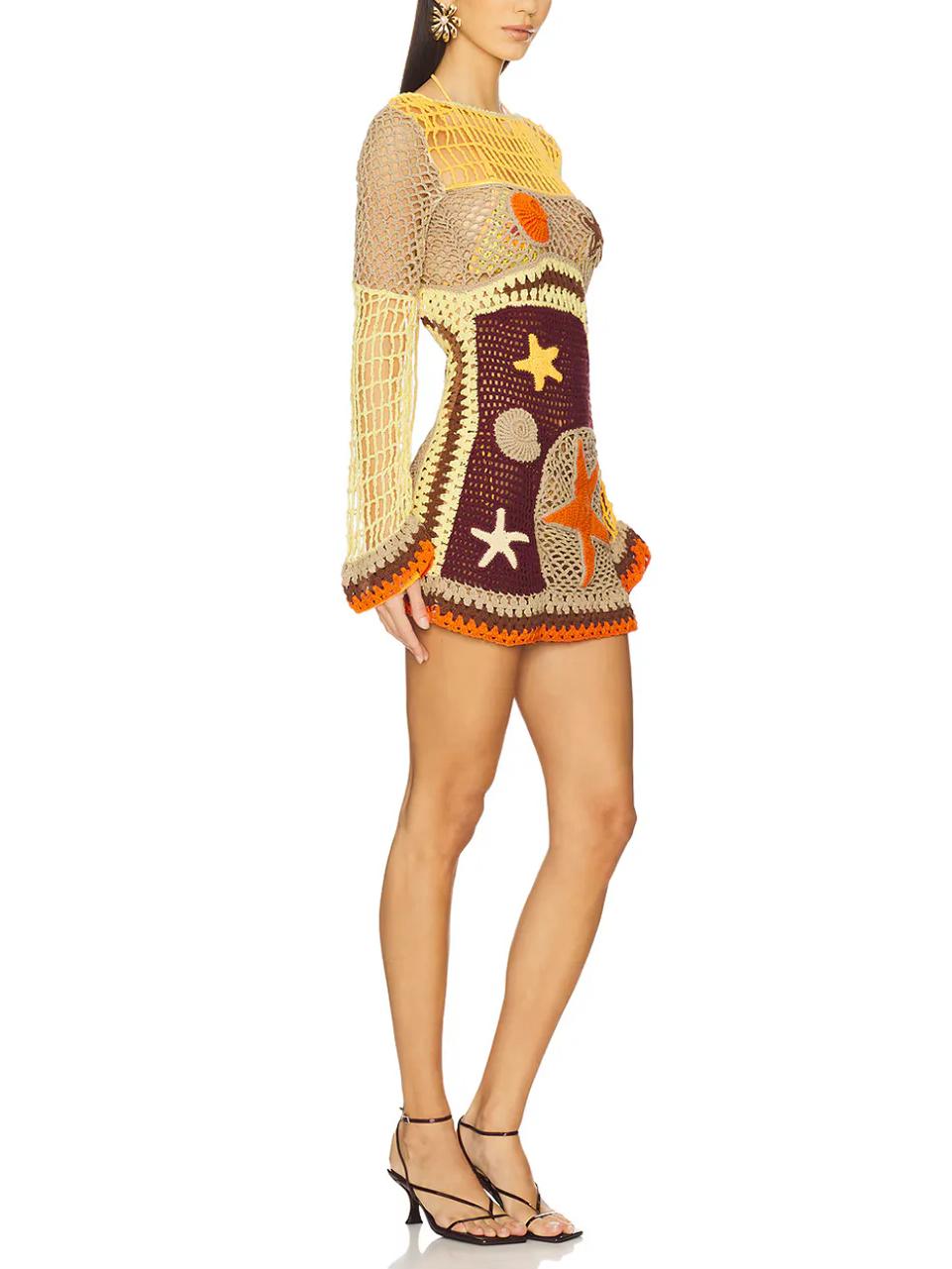 Coral Reef-Inspired Pattern Crochet Mini Dress Newgew Dresses