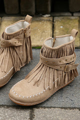 Casual Warm Solid Color Side Zipper Low-Cut Tassel Flat Ankle Boots NewGew