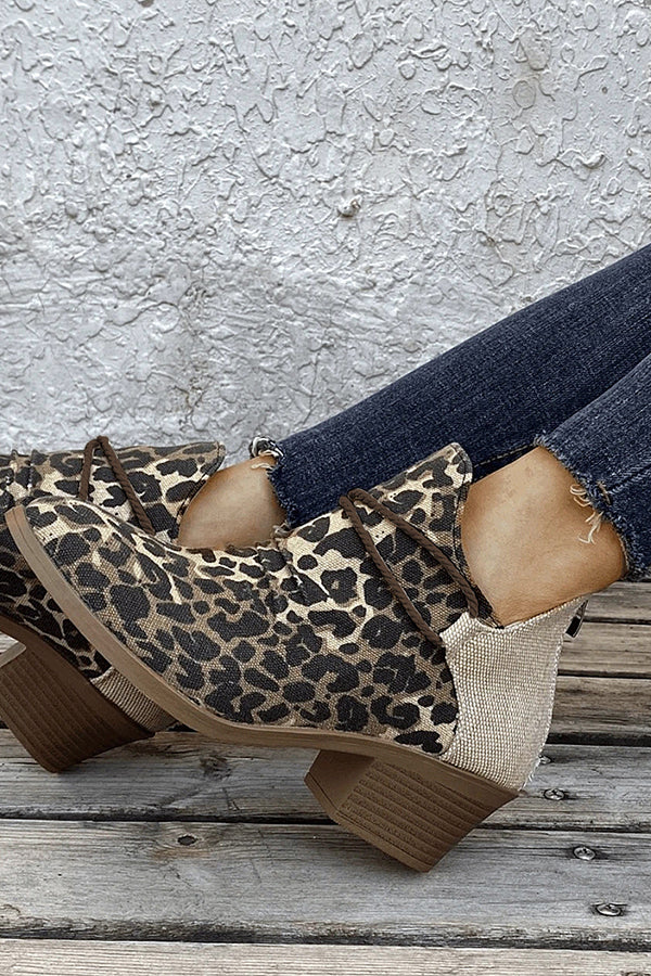 Retro Pointed Toe Square Heel Leopard Print Fashion Short Boots NewGew