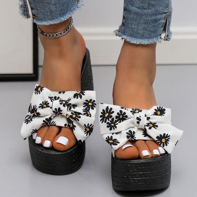 Casual Patchwork Printing With Bow Round Wedges Shoes (Heel Height 3.15in) NewGew