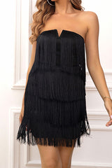 Solid Color Bandeau Retro Tiered Tassel Mini Dress NewGew