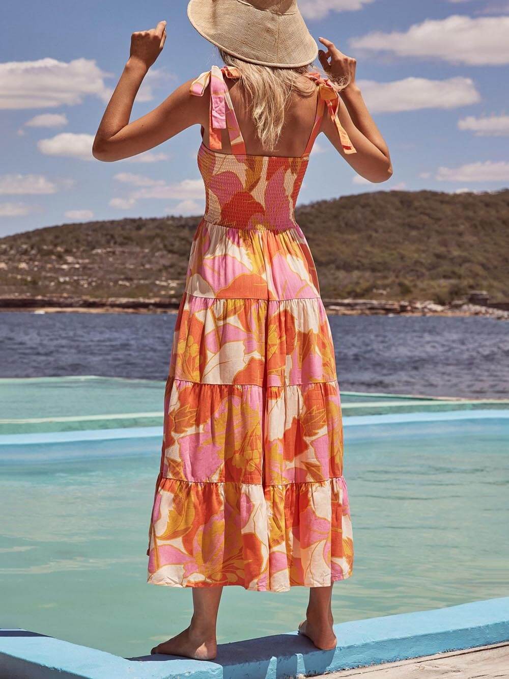 Sea Charm Sleeveless Pleated Stretch Chest Print Cami Dress Newgew Dresses