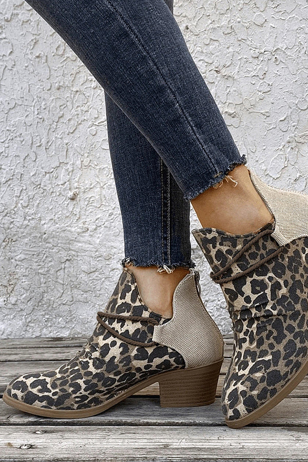 Retro Pointed Toe Square Heel Leopard Print Fashion Short Boots NewGew