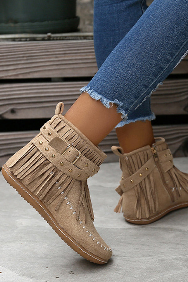 Casual Warm Solid Color Side Zipper Low-Cut Tassel Flat Ankle Boots NewGew