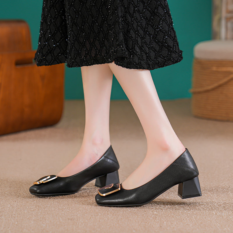 Women Casual Fashion Leather Chunky Heel Dress Pumps Newgew Shoes