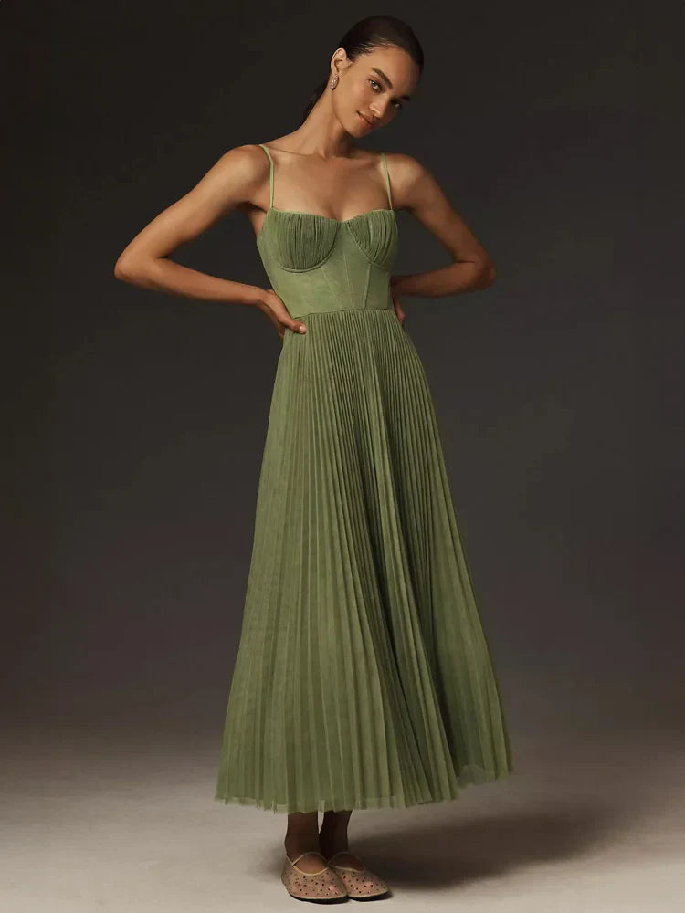 Bustier Pleated Tulle Fit & Flare Midi Dress Newgew Dresses