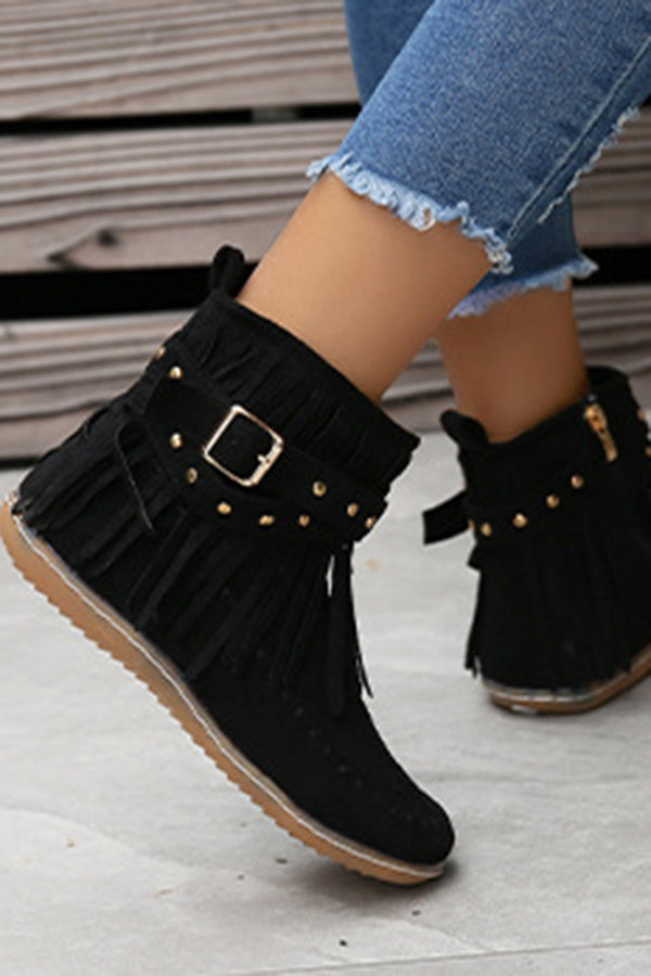 Casual Warm Solid Color Side Zipper Low-Cut Tassel Flat Ankle Boots NewGew