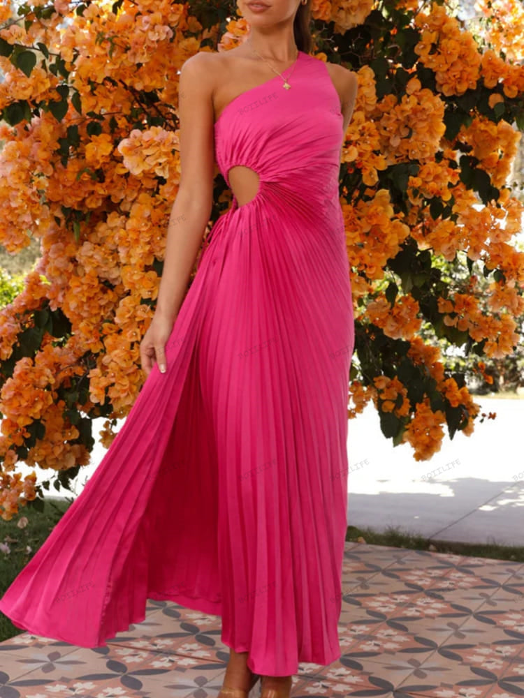 Pleated One-Shoulder Cut-Out Waist Gown Newgew Dresses