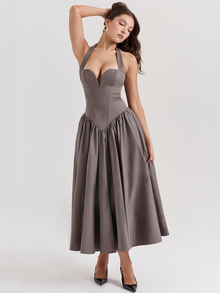 Halter Neck Midi Dress with Side Slit - Smoky Gray Newgew Dresses