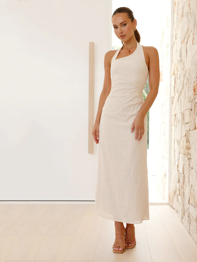 Casual Solid Color Sleeveless Backless Halter Midi Dress Newgew Dresses