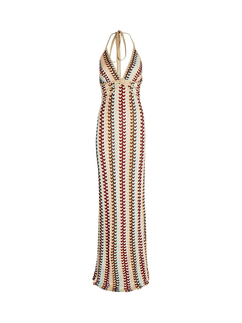 Halter V Neck Backless Boho Pattern Knit Slim-Fit Vacation Maxi Dresses-Beige Newgew Dresses