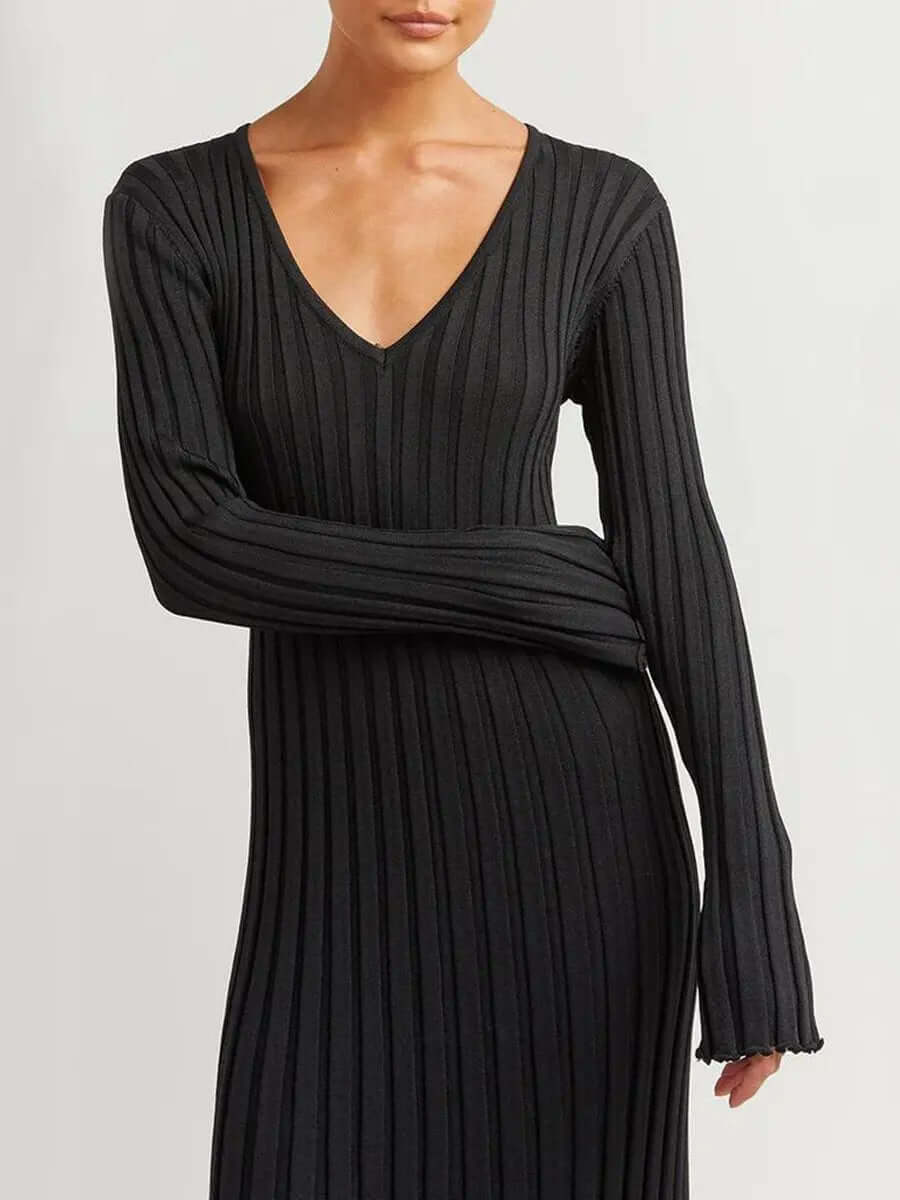 V Neck Flounce Sleeve Pit Strip Knitting Maxi Dress Newgew Dresses