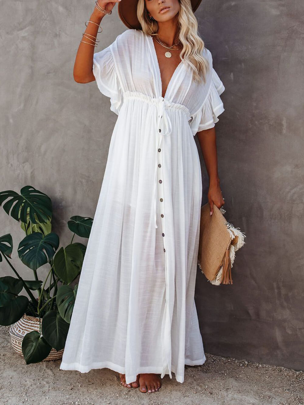 Button Cotton Linen Perfect Beach Boho Maxi Dress Newgew Dresses