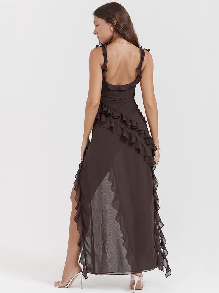 Ruffled Long Maxi Slip Dress - Coffee Newgew Dresses