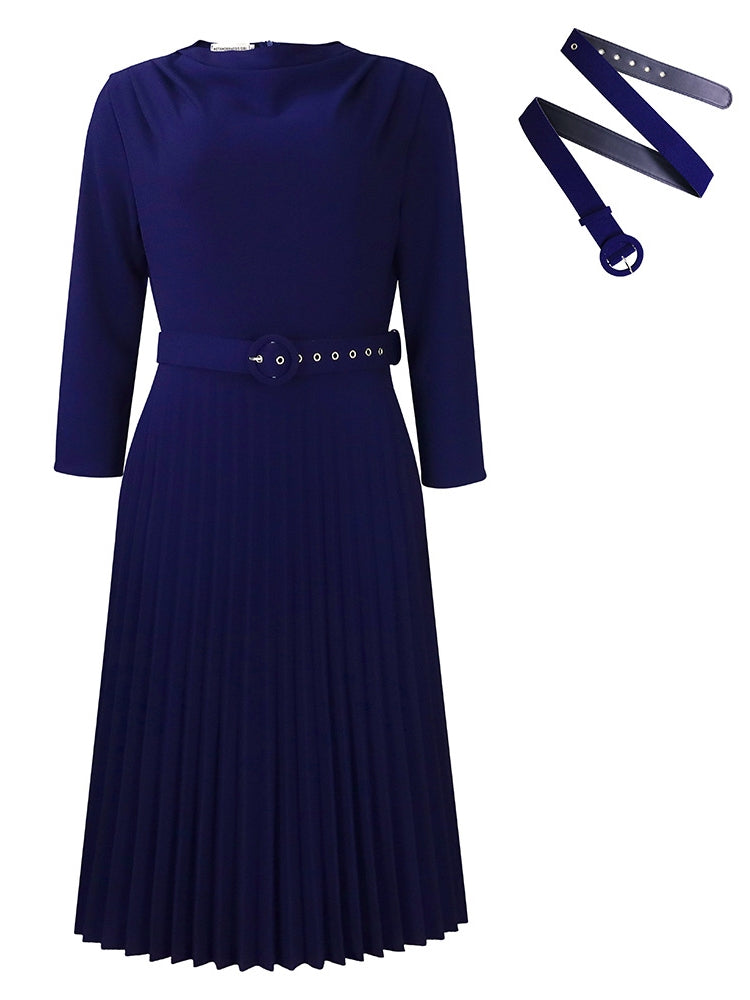 Elegant Solid Color Pleated Dress with Belt Newgew Dresses