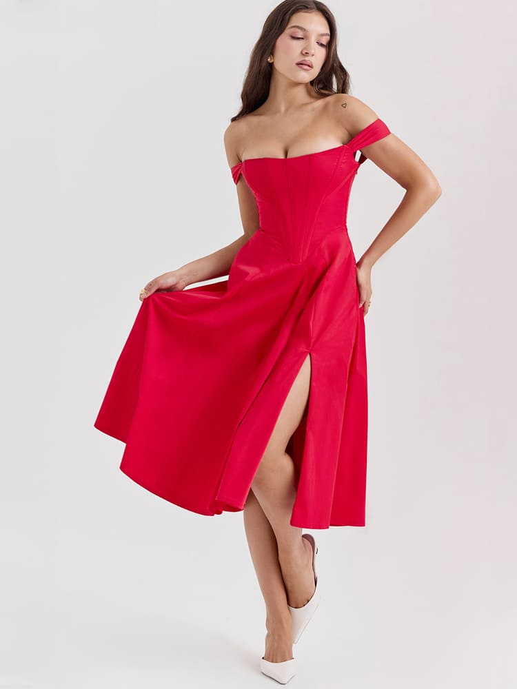 Halter Neck Midi Dress with Side Slit - Scarlet Red Newgew Dresses