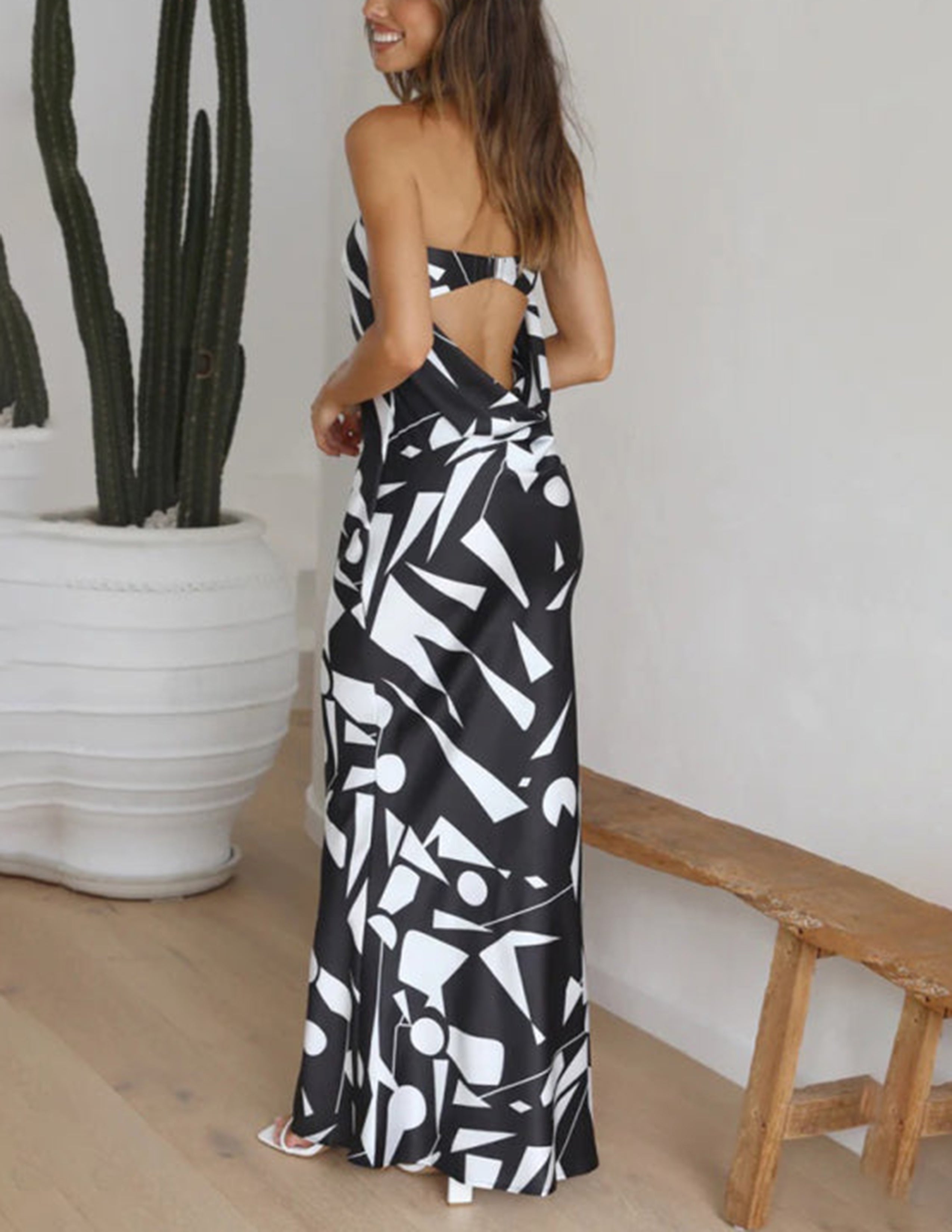 Satin Geometric Print Off Shoulder Maxi Dress Newgew Dresses