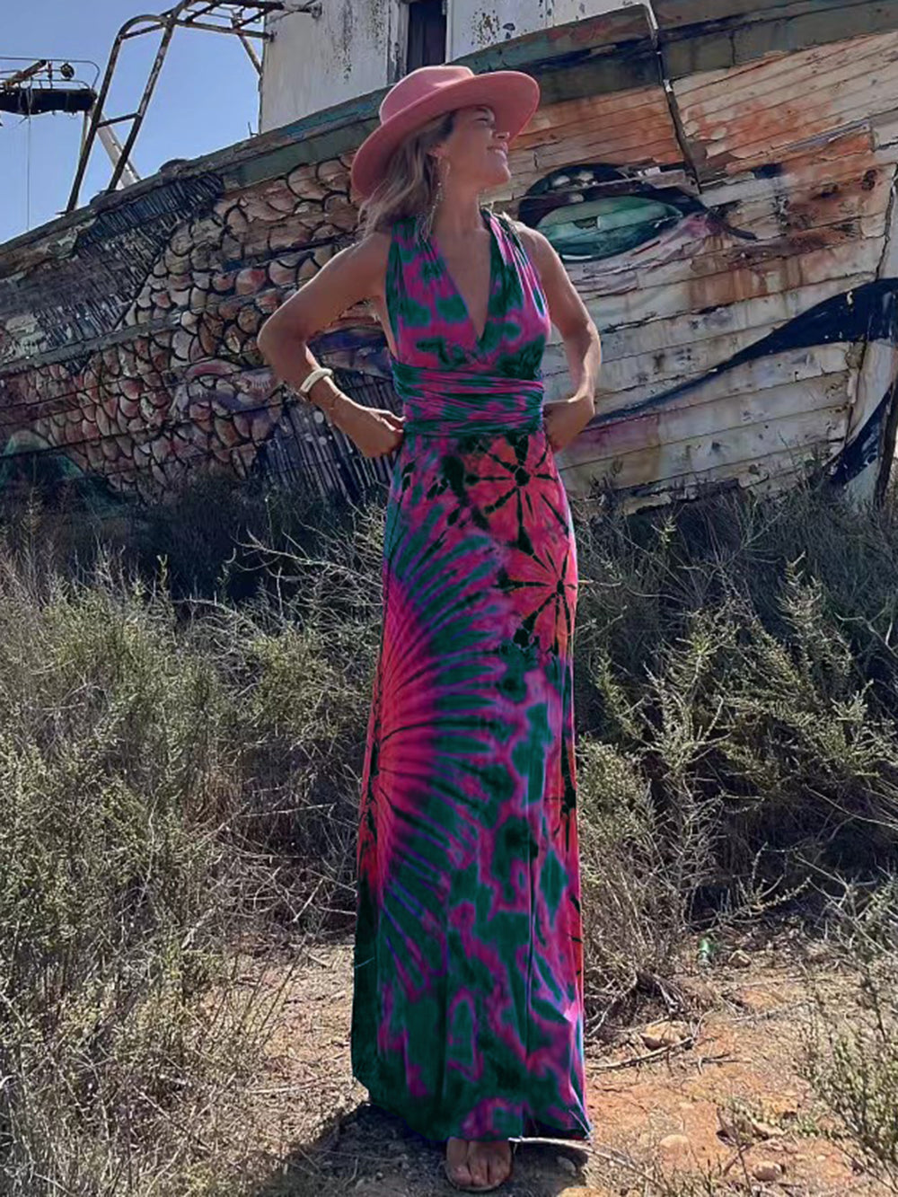 Tie-dye Print V-neck Cross Back Straps Stretch Maxi Dress Newgew Dresses