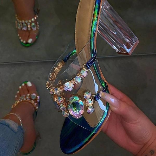 Rhinestone Chunky Heel Slip-On Flip Flop Pvc Slippers NewGew