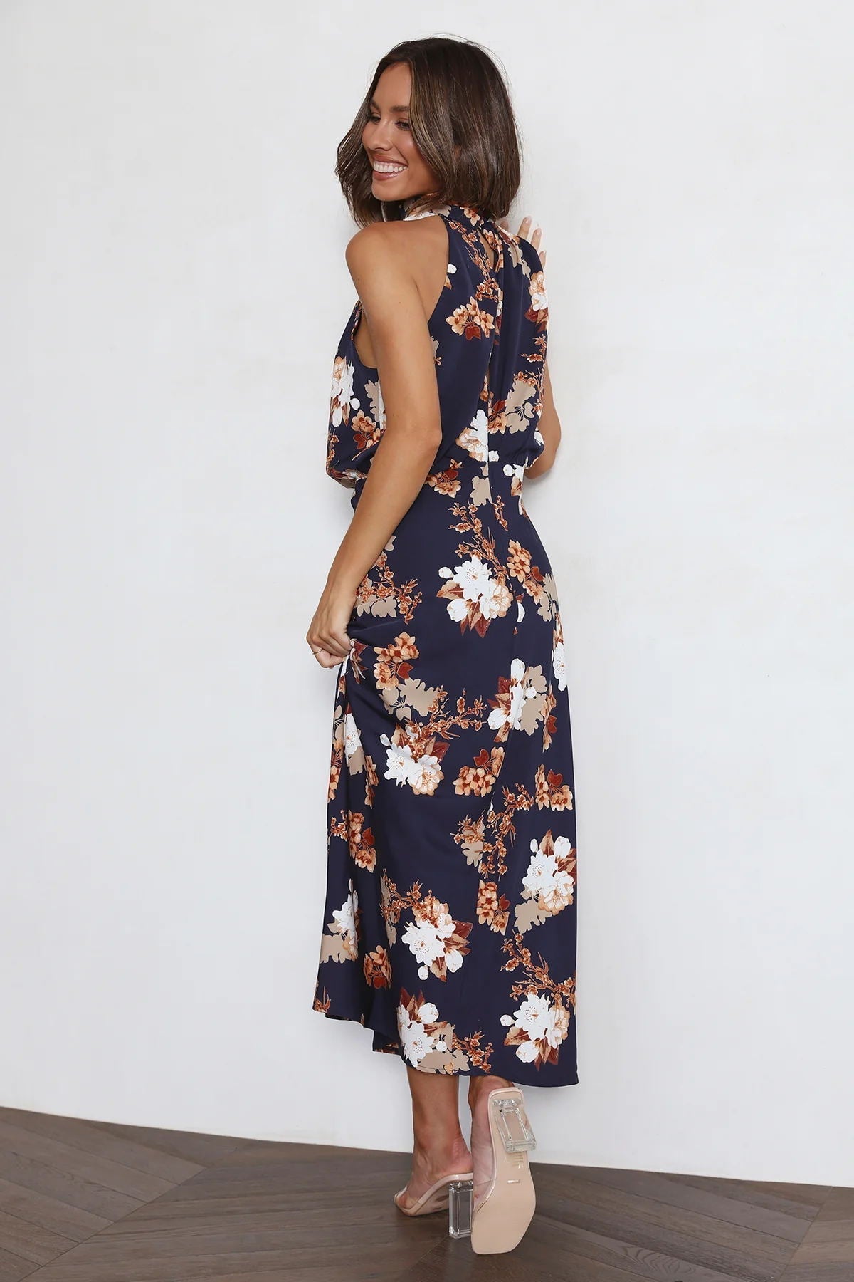 Wine Country Dates Floral Halter Neck Elastic Waist Maxi Dress Newgew Dresses