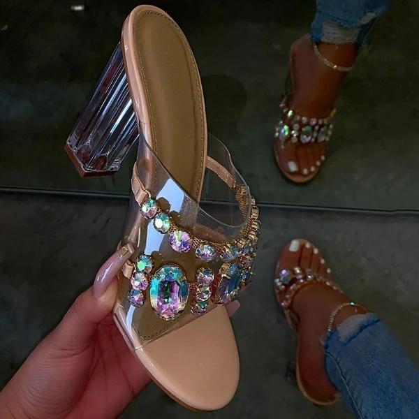 Rhinestone Chunky Heel Slip-On Flip Flop Pvc Slippers NewGew