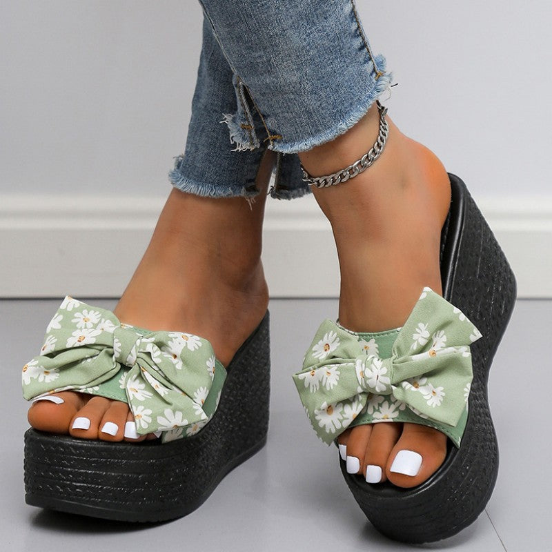 Casual Patchwork Printing With Bow Round Wedges Shoes (Heel Height 3.15in) NewGew