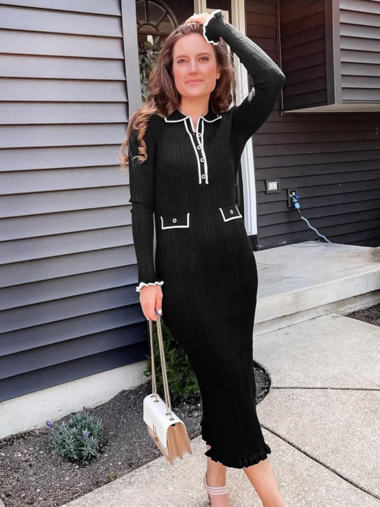 Collared Long Sleeve Knit Dress Newgew Dresses
