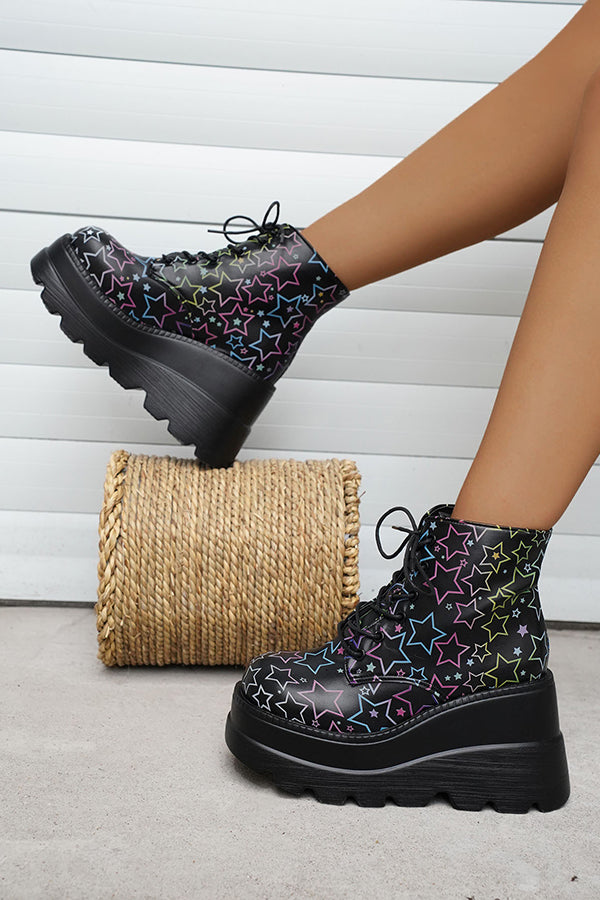 Casual Thick Sole Five-pointed Star Printed Short Boots NewGew